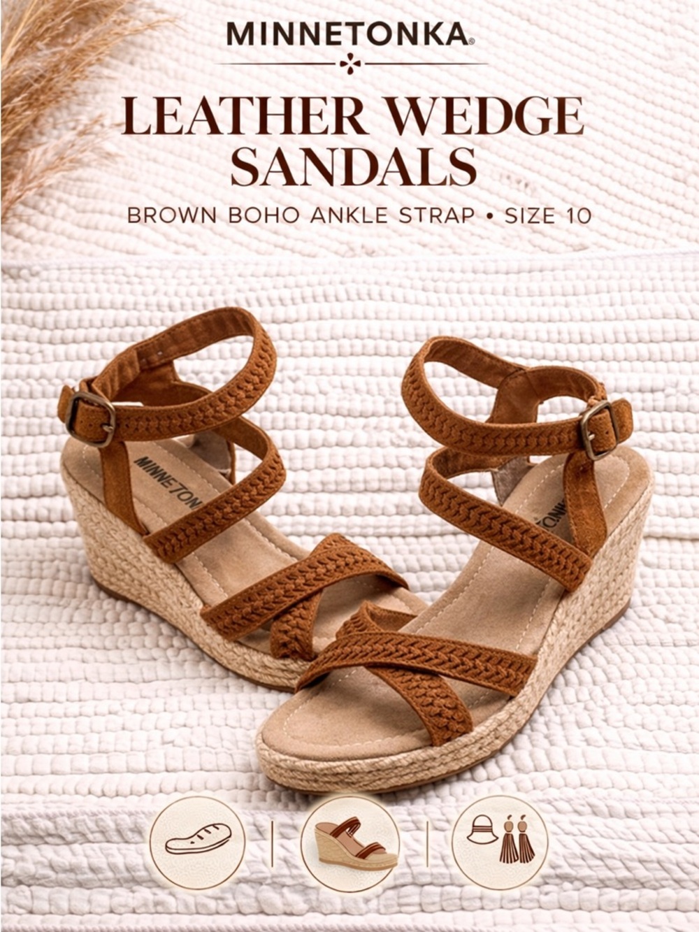 Minnetonka Leather Wedge Sandals Brown Boho Ankle Strap Sz 10
